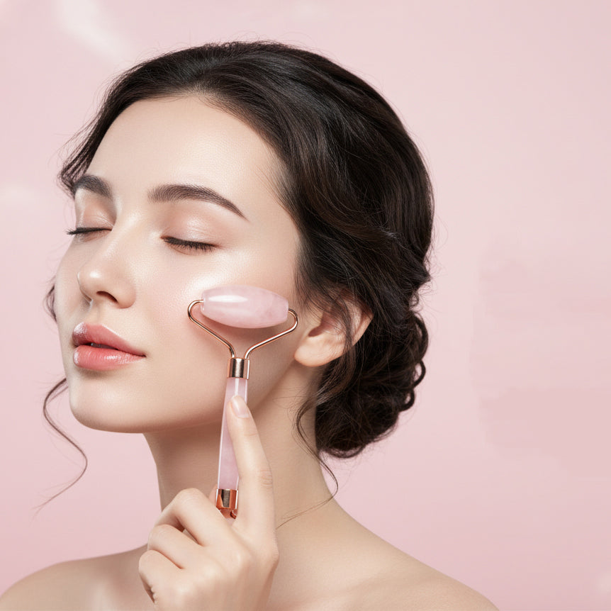 Woman using a pink facial roller on her face against a pink background