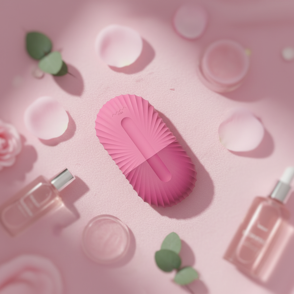 Face ice roller for anti-aging skincare on a pink background with floral elements