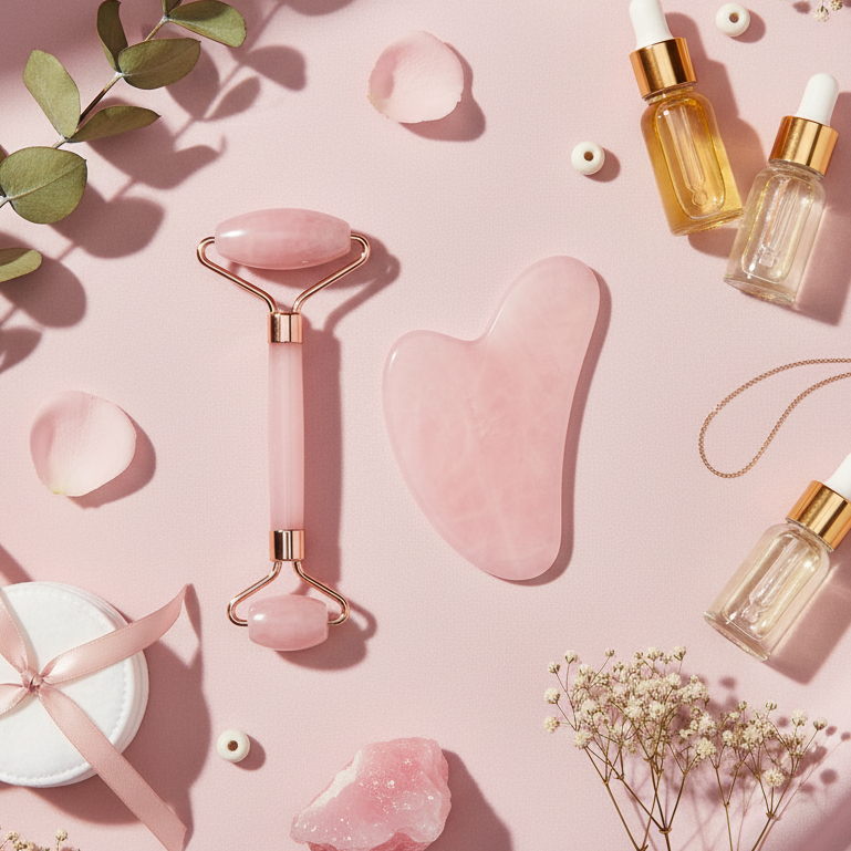 A pink face roller and rose quartz gua sha tool on a pink background with flowers and perfume bottles. Face scuplting kit Radiant Beauty