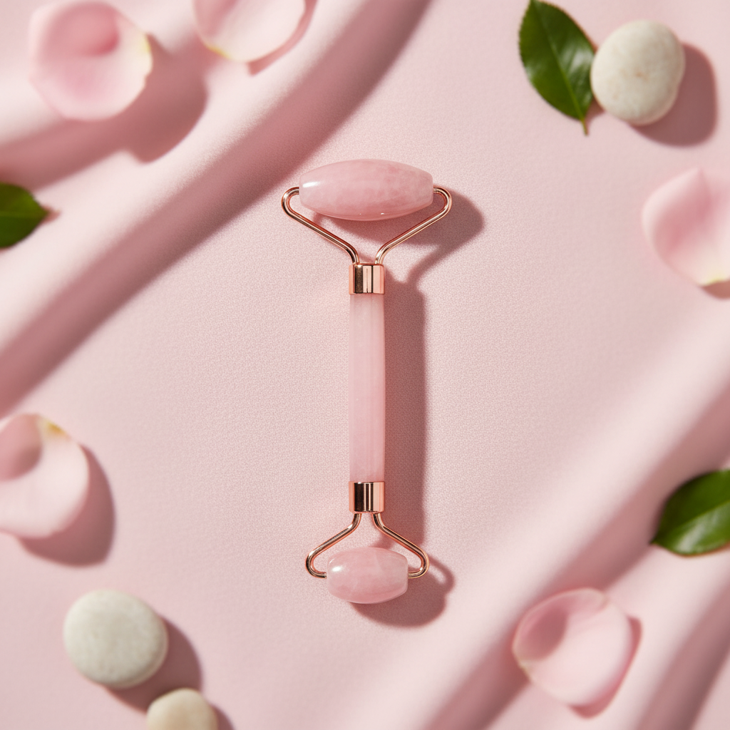 Pink facial roller for anti-aging skincare with rose gold accents on a pink background with decorative elements