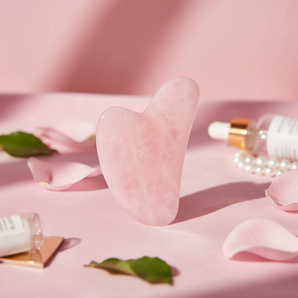 Pink gua sha tool for anti-aging skincare on a pink fabric background with green leaves and a bottle of serum in background.