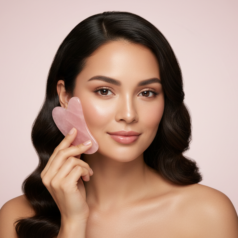 Woman using a rose quartz gua sha tool against a pink background