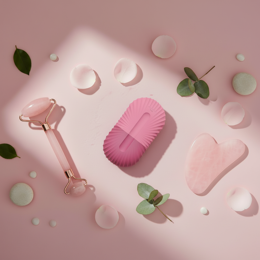 Square beauty product flatlay