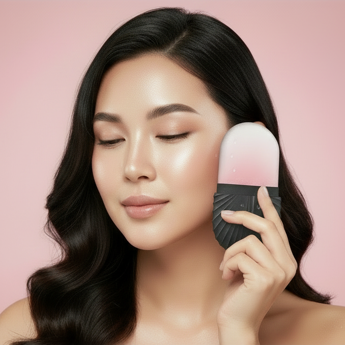 Woman using black face ice roller on her cheek with pink background